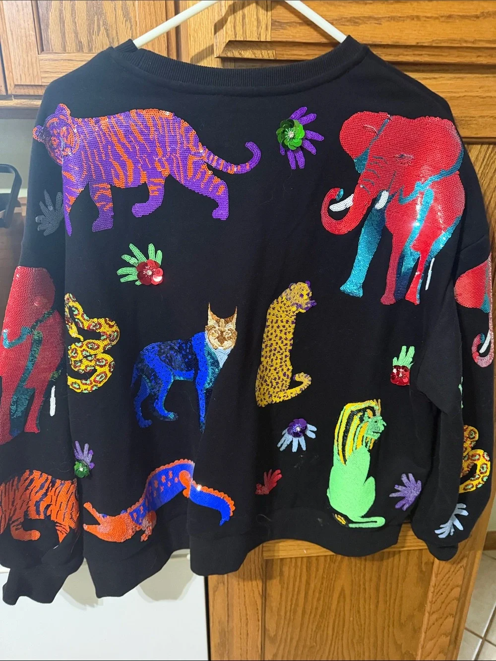 QUEEN OF SPARKLES Black Sweater with Neon Animal Appliqués - Picture 2 of 12
